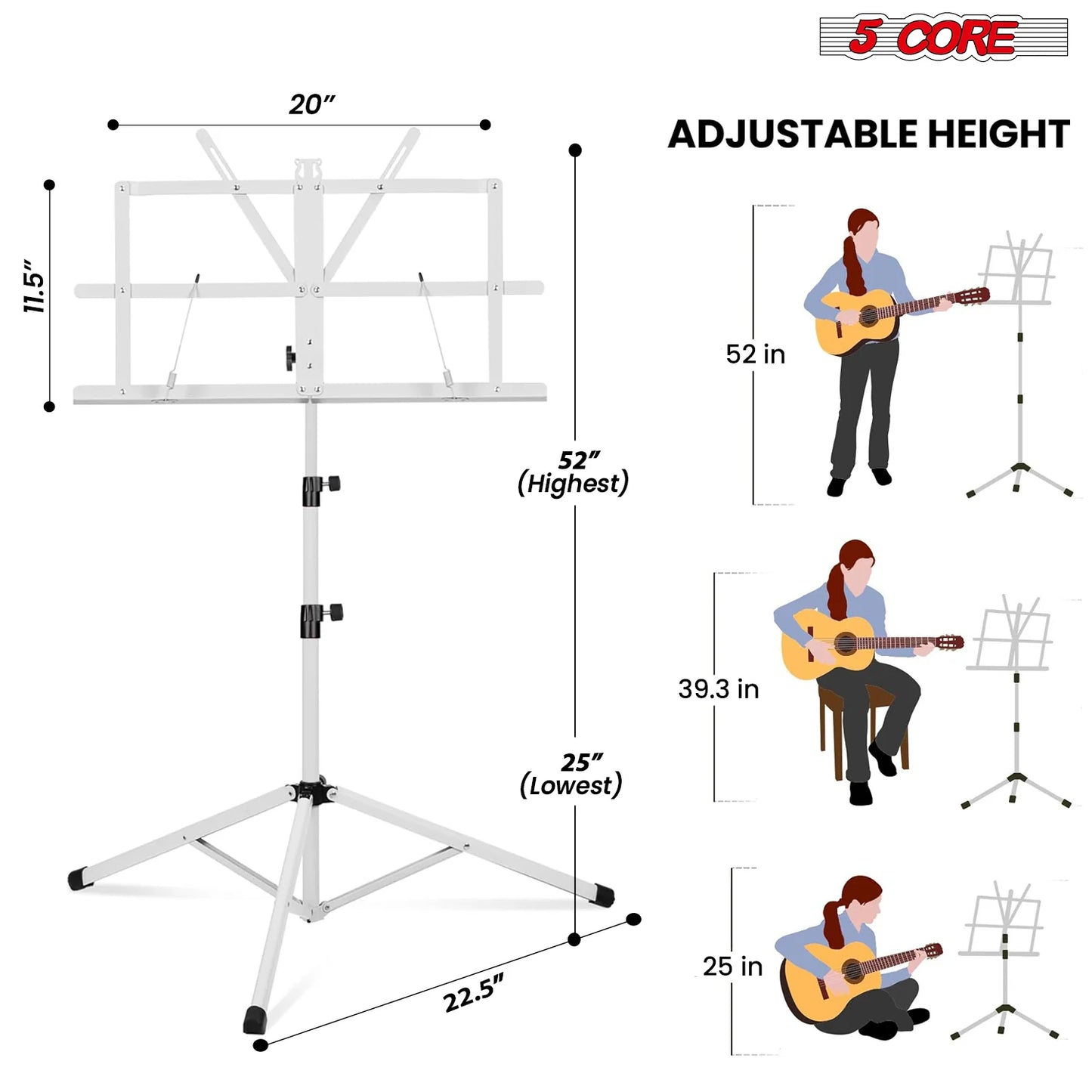 5Core Music Stand for Sheet Music Portable Tripod Adjustable Folding Note Holder WHITE